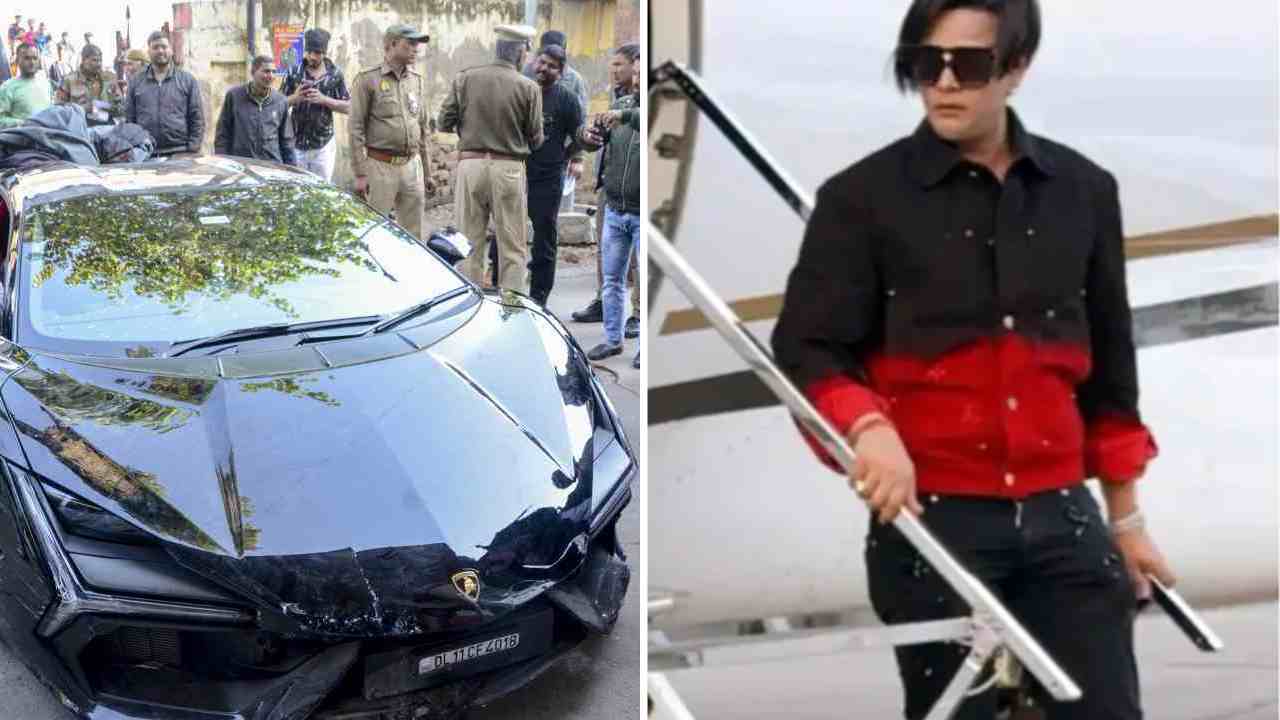 (বাঁ দিকে) রবিবার কানপুরে বাজেয়াপ্ত হওয়া ল্যাম্বরগিনি। গাড়িচালক শিবম মিশ্র (ডান দিকে)।