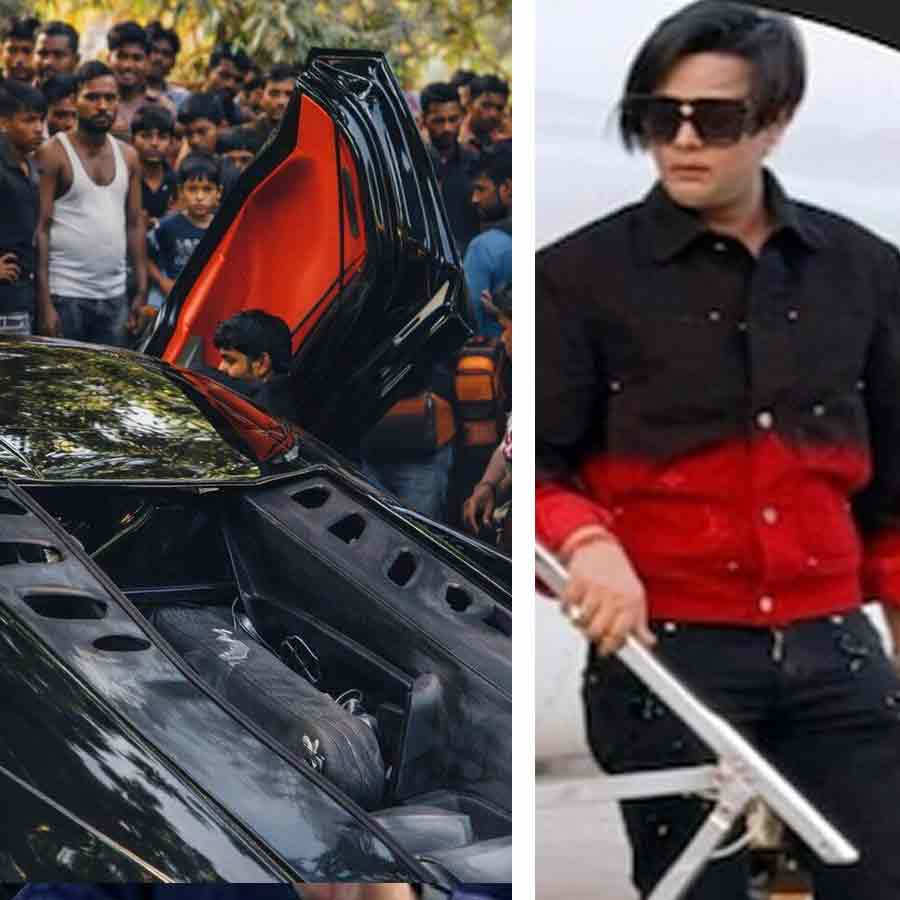 (বাঁ দিকে) রবিবার কানপুরে বাজেয়াপ্ত হওয়া ল্যাম্বরগিনি। গাড়িচালক শিবম মিশ্র (ডান দিকে)।