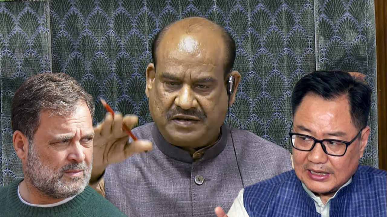 (বাঁ দিক থেকে) রাহুল গান্ধী, স্পিকার ওম বিড়লা এবং কিরেন রিজিজু।