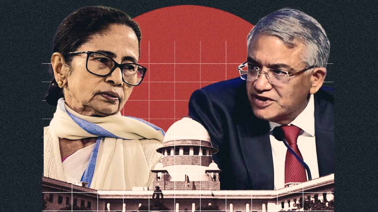 (বাঁ দিকে) মুখ্যমন্ত্রী মমতা বন্দ্যোপাধ্যায়। মুখ্য নির্বাচন কমিশনার জ্ঞানেশ কুমার (ডান দিকে)।