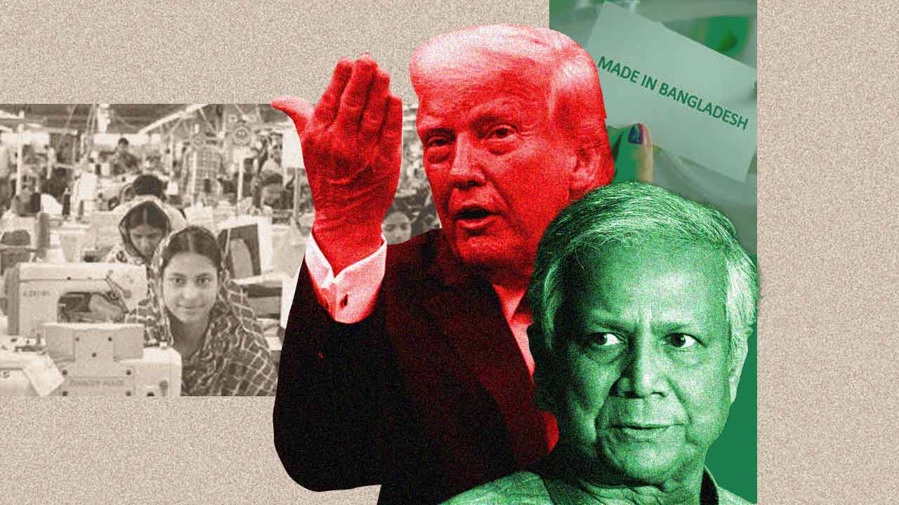 (বাঁ দিকে) আমেরিকার প্রেসিডেন্ট ডোনাল্ড ট্রাম্প এবং বাংলাদেশের অন্তর্বর্তী সরকারের প্রধান উপদেষ্টা মুহাম্মদ ইউনূস (ডান দিকে)।