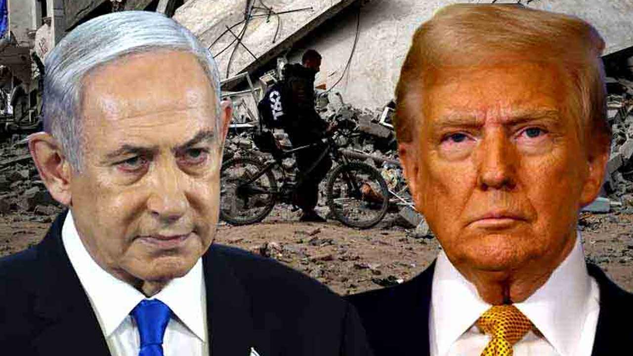 (বাঁ দিকে) ইজ়রায়েলের প্রধানমন্ত্রী বেঞ্জামিন নেতানিয়াহু এবং আমেরিকার প্রেসিডেন্ট ডোনাল্ড ট্রাম্প (ডান দিকে)।