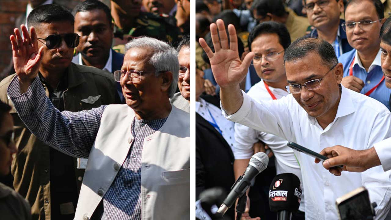 (উপরে) ভোট দেওয়ার পর কন্যার সঙ্গে মুহাম্মদ ইউনূস। ভোট দেওয়ার পর তারেক রহমান। বৃহস্পতিবার ঢাকায়।