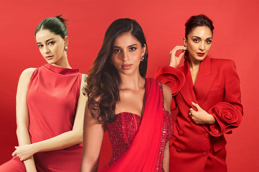 লাল পোশাকে (বাঁ দিকে) অভিনেত্রী অনন্যা পাণ্ডে, সুহানা খান (মাঝে) এবং কিয়ারা আডবাণী (ডান দিকে)। ছবি: সংগৃহীত।