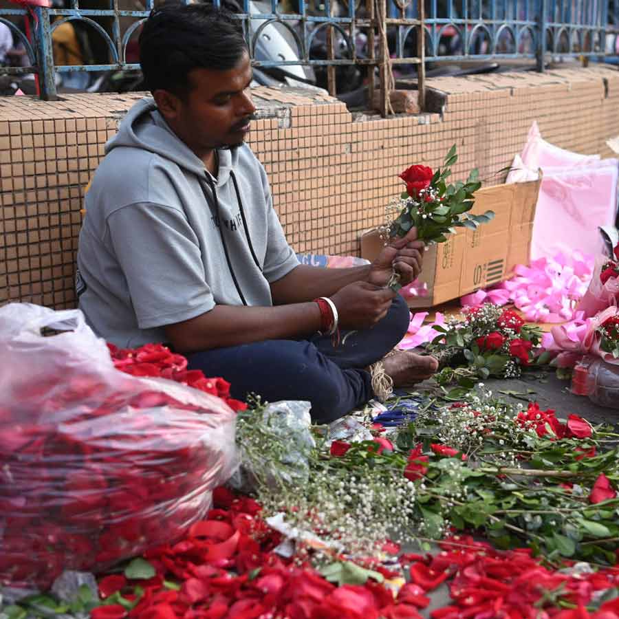 ফুলেশ্বর: প্রেম দিবসের আগে গোলাপের ডালি সাজাতে ব্যস্ত এক বিক্রেতা। বৃহস্পতিবার, নিউ মার্কেটে।
