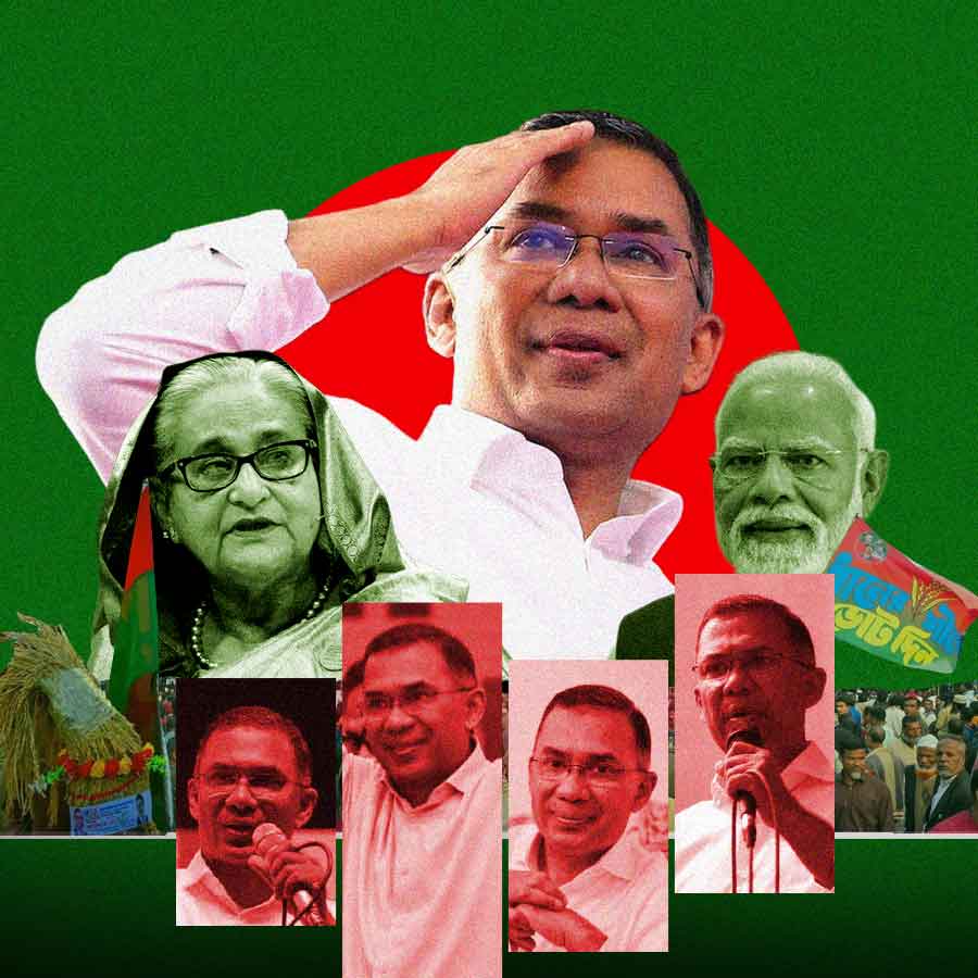 (বাঁ দিক থেকে) বাংলাদেশের ক্ষমতাচ্যুত প্রধানমন্ত্রী শেখ হাসিনা, বিএনপি চেয়ারম্যান তারেক রহমান এবং ভারতের প্রধানমন্ত্রী নরেন্দ্র মোদী।