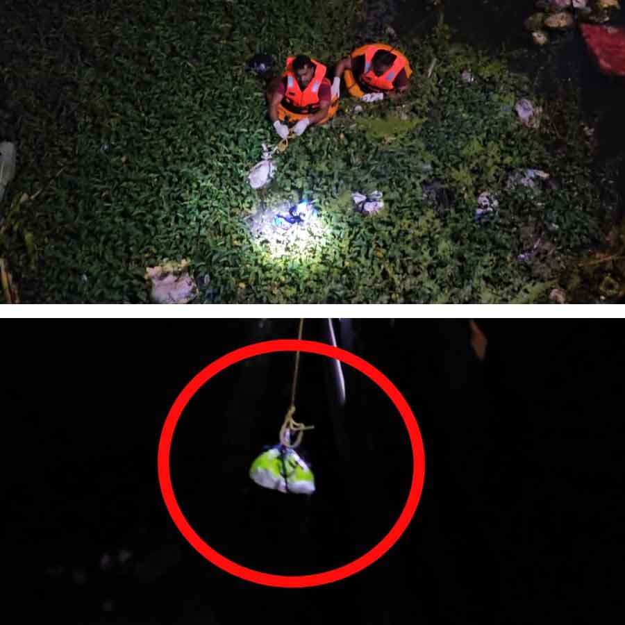 (উপরে) বাদুড়িয়ার খালে চলছে উদ্ধারকাজ। প্যাকেটবন্দি দেহের টুকর (নীচে)।