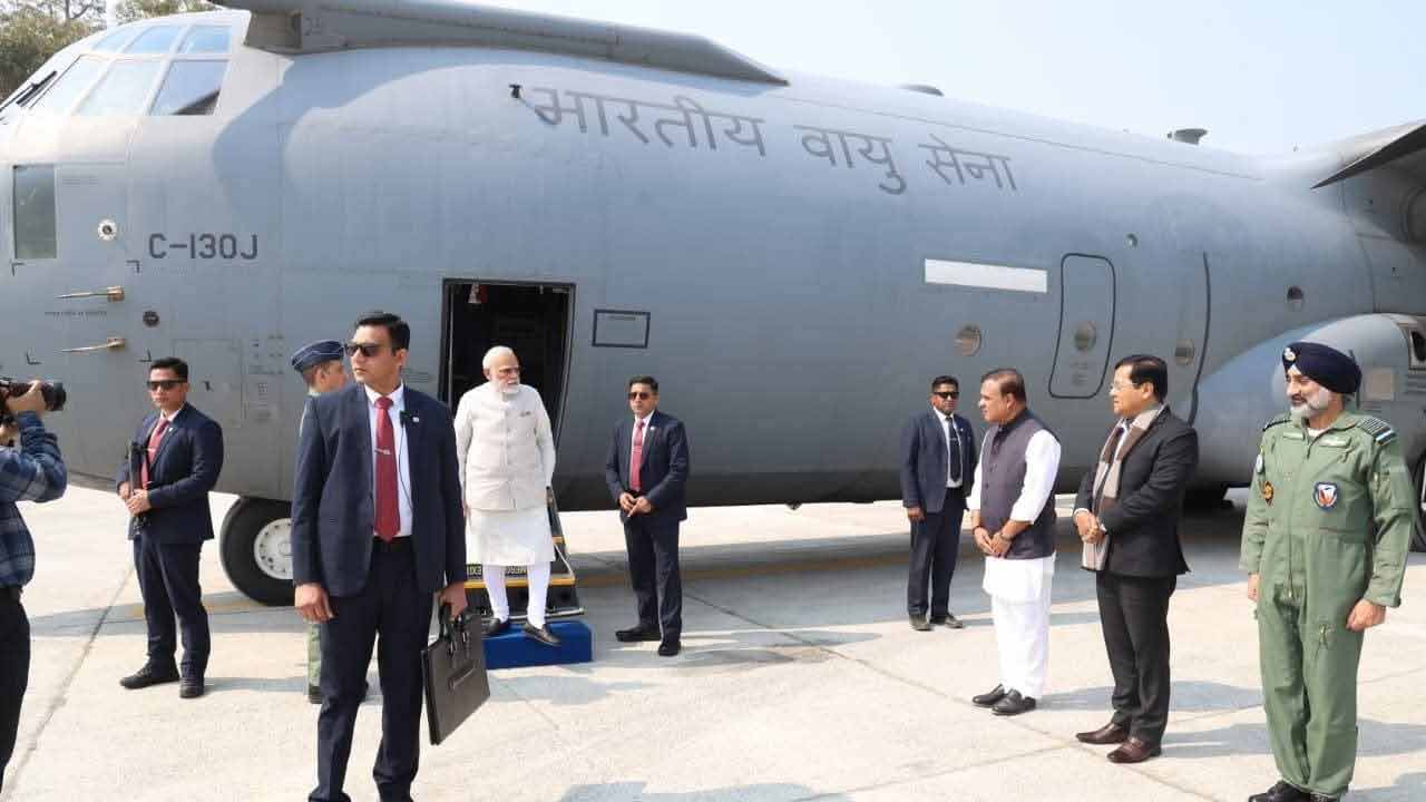 PM Narendra Modi makes landing aboard C-130J Super Hercules aircraft on National Highway-37 of Assam