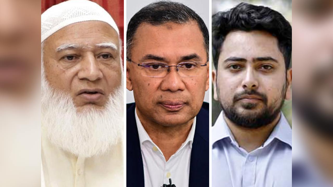 (বাঁ দিকে) শফিকুর রহমান। (মাঝে) তারেক রহমান। নাহিদ ইসলাম (ডান দিকে)।
