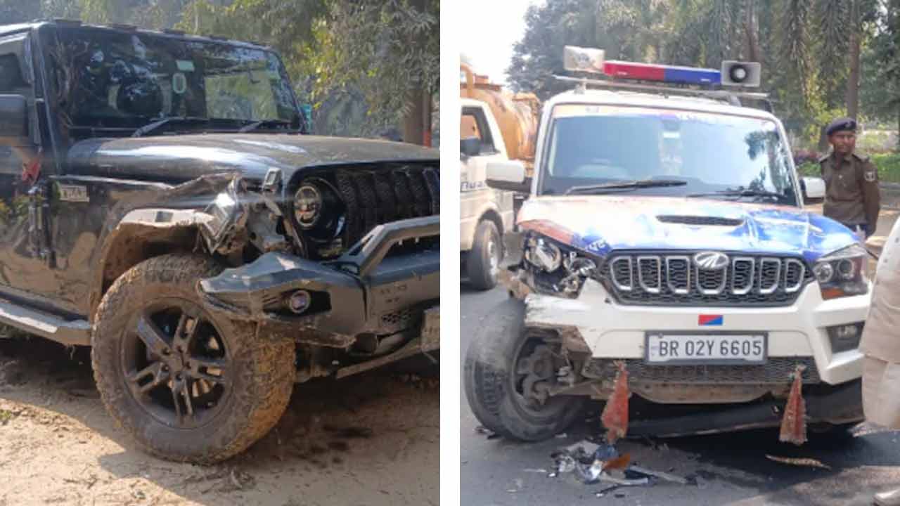 (বাঁ দিকে) বেপরোয়া সেই এসইউভি। পুলিশের এই গাড়িতে ধাক্কা মারে এসইউভি (ডান দিকে)। ছবি: সংগৃহীত।