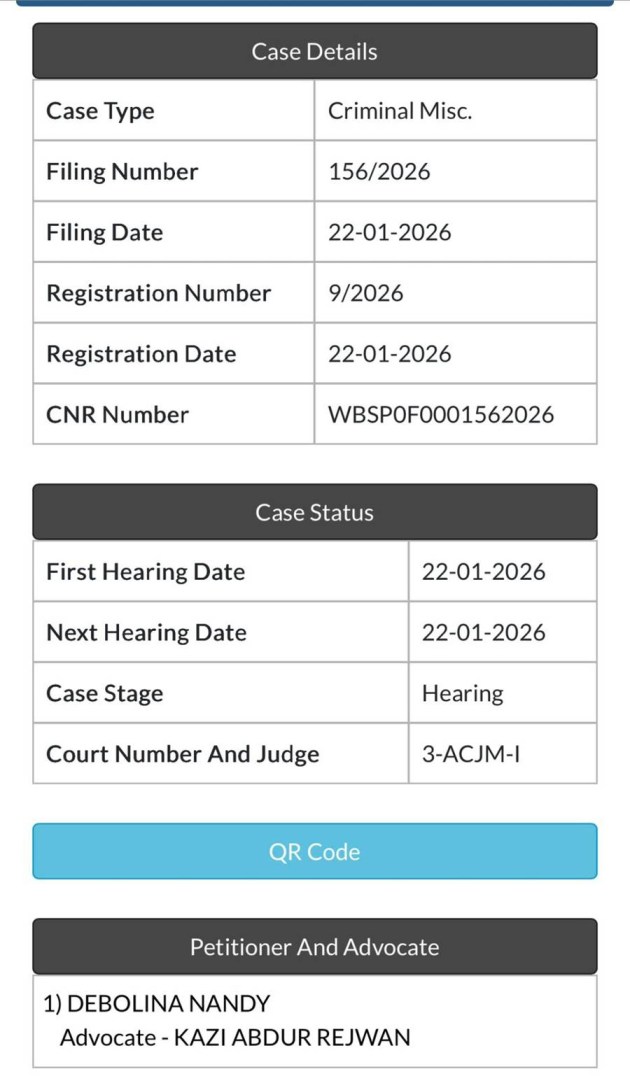 দেবলীনার দায়ের করা বধূ নির্যাতন মামলার স্ক্রিনশট।