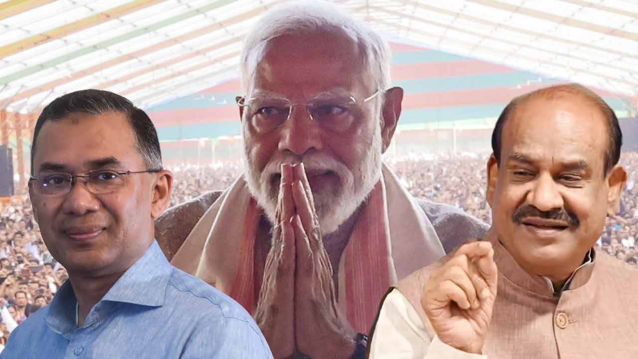 (বাঁ দিক থেকে) তারেক রহমান, নরেন্দ্র মোদী এবং ওম বিড়লা।