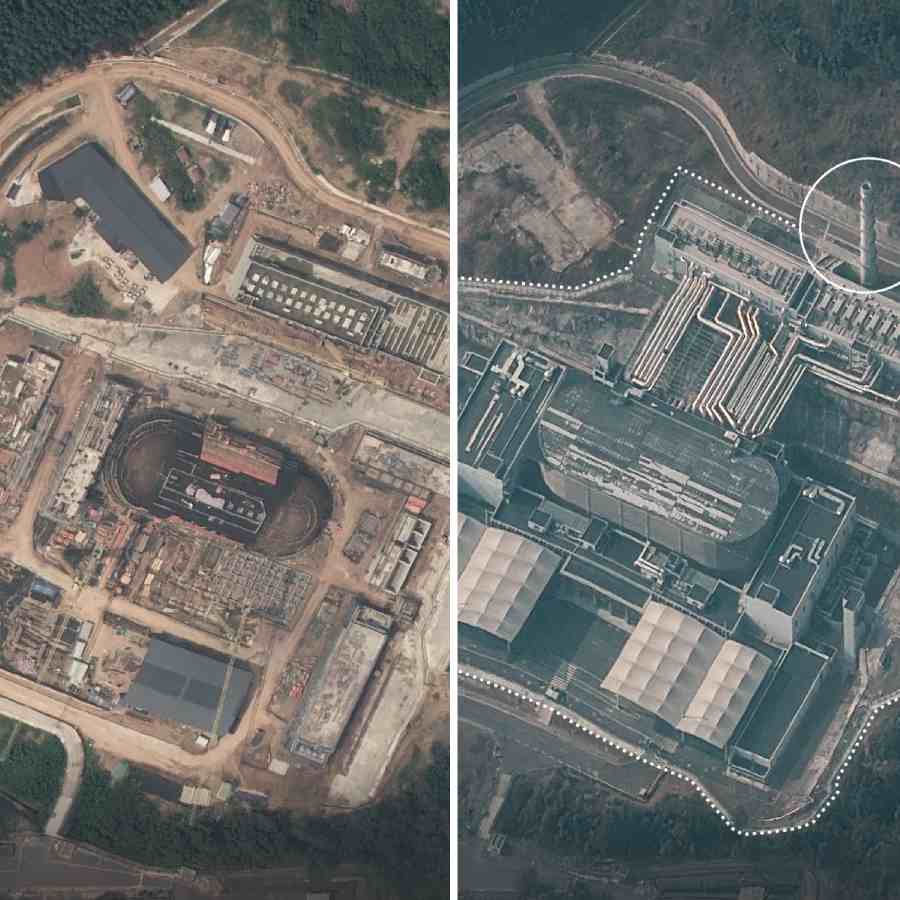 চিনের পিংটং উপত্যকা। (বাঁ দিকে) ২০২২ সালে এবং ২০২৬ সালে (ডান দিকে) তোলা উপগ্রহচিত্র।