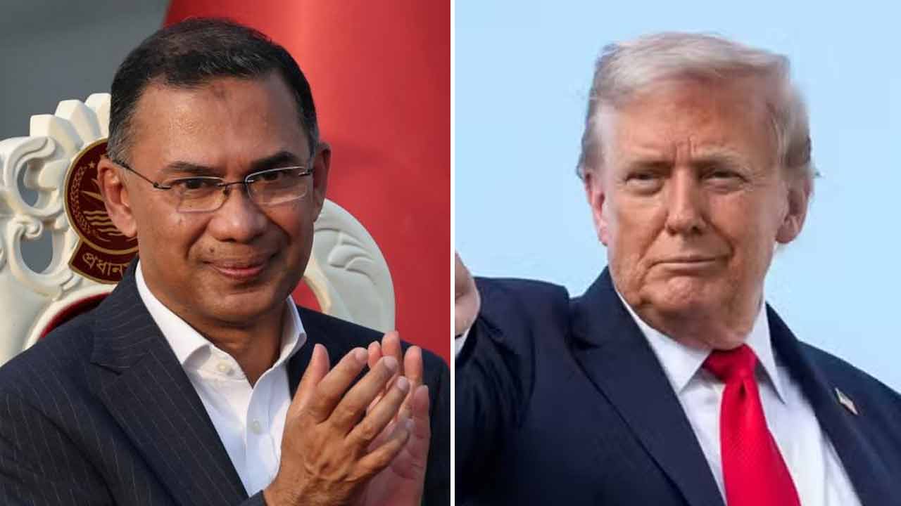 (বাঁ দিকে) বাংলাদেশের প্রধানমন্ত্রী তারেক রহমান এবং আমেরিকার প্রেসিডেন্ট ডোনাল্ড ট্রাম্প (ডান দিকে)।