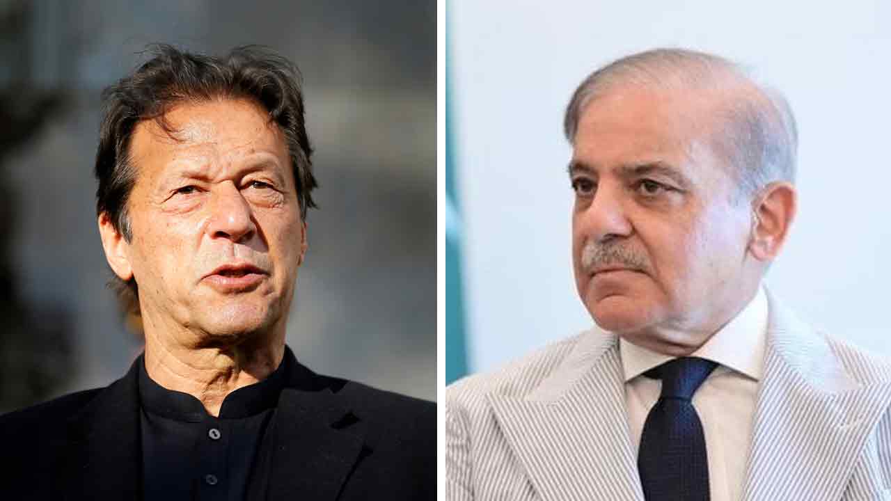 (বাঁ দিকে) পাকিস্তানের প্রাক্তন প্রধানমন্ত্রী ইমরান খান। পাকিস্তানের বর্তমান প্রধানমন্ত্রী শাহবাজ় শরিফ (ডান দিকে)।