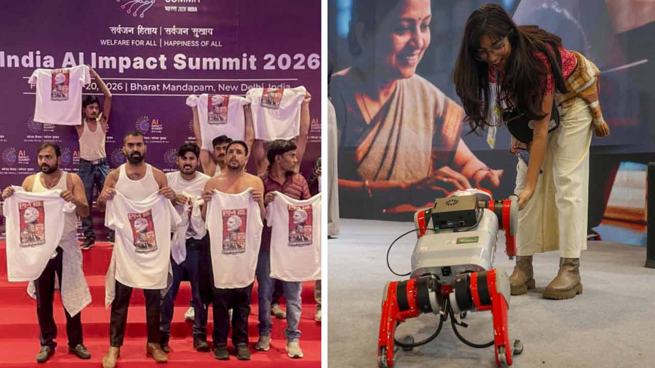 (বাঁ দিকে) এআই সম্মেলনে কংগ্রেসের বিক্ষোভ। সম্মেলনে হাজির উৎসাহীরা (ডান দিকে)।