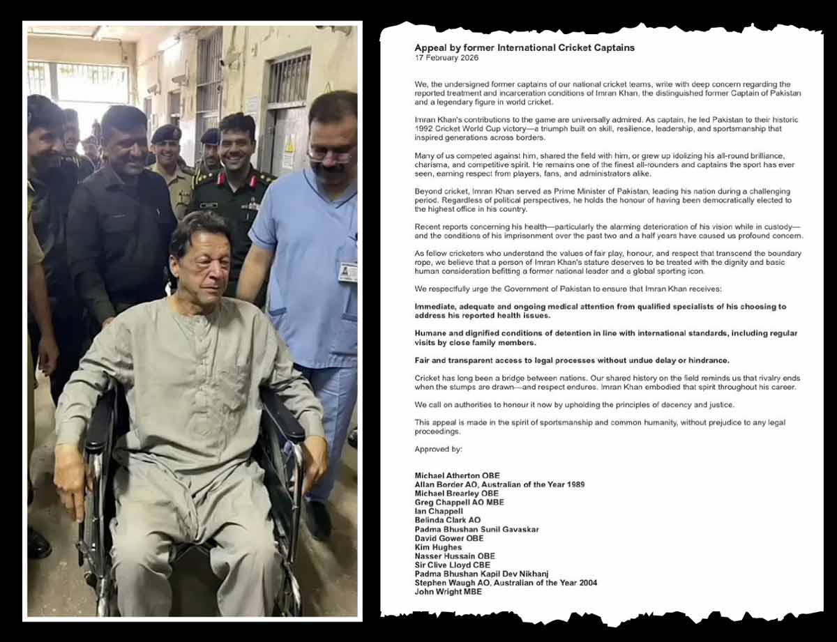 (বাঁ দিকে) বন্দি ইমরান খান এবং তাঁর জন্য লেখা ১৪ প্রাক্তন ক্রিকেট অধিনায়কের খোলা চিঠি (ডান দিকে)।