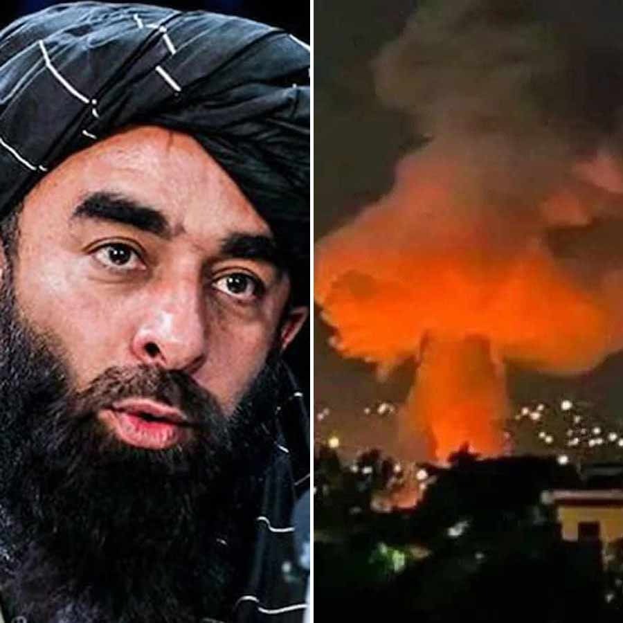 (বাঁ দিকে) তালিবান মুখপাত্র জবিউল্লা মুজাহিদ। শনিবার রাতে আফগানিস্তানে পাক বোমাবর্ষণ (ডান দিকে)। ছবি: সংগৃহীত।