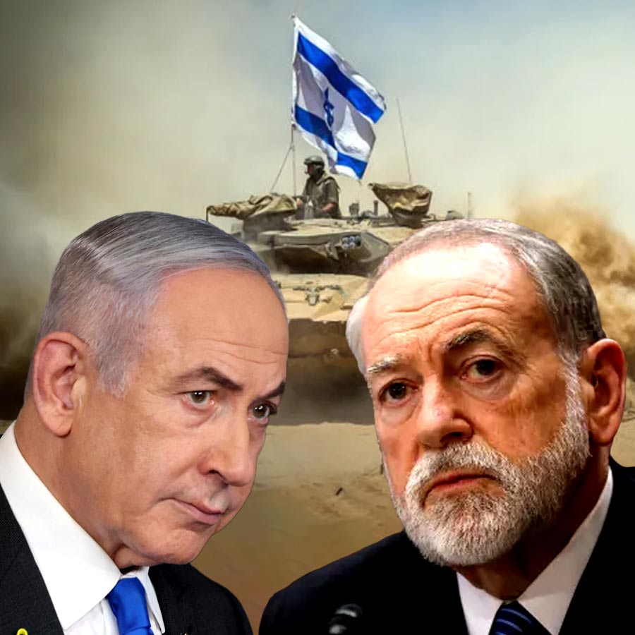 (বাঁ দিকে) ইজ়রায়েলের প্রধানমন্ত্রী বেঞ্জামিন নেতানিয়াহু এবং ইজ়রায়েলে নিযুক্ত মার্কিন রাষ্ট্রদূত মাইক হাকাবি (ডান দিকে)।