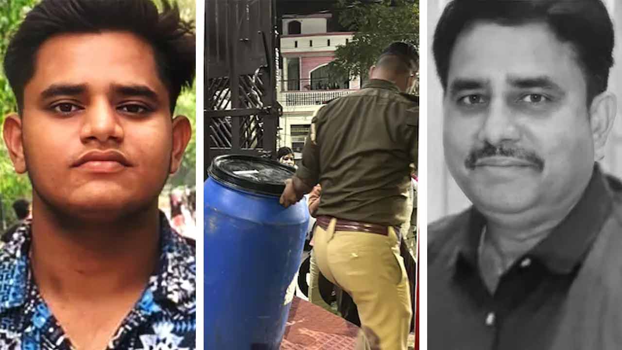 (বাঁ দিকে) অভিযুক্ত অক্ষত সিংহ। (মাঝে) এই ড্রামের ভিতরে উদ্ধার হয় দেহ। (ডান দিকে) নিহত মাবনবেন্দ্র সিংহ। ছবি: সংগৃহীত।