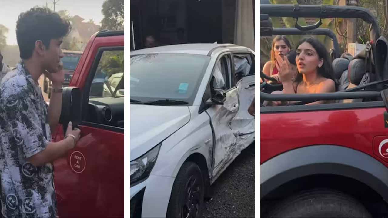 (বাঁ দিকে) লালরঙা এসইউভির সওয়ারি তরুণ।  সাদা গাড়িটিকে (মাঝে) ধাক্কা মারে লালরঙা এসইউভি। ছবি: সংগৃহীত।