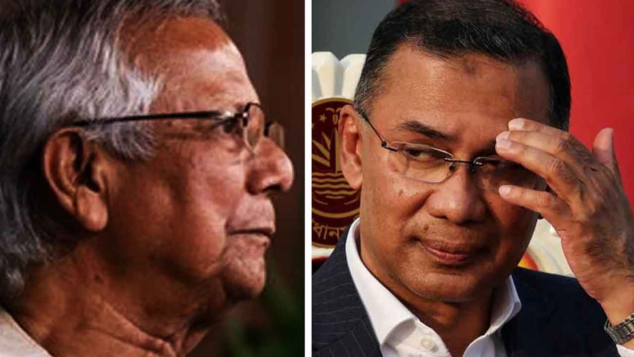 (বাঁ দিকে) বাংলাদেশের অন্তর্বর্তী সরকারের প্রধান উপদেষ্টা মুহাম্মদ ইউনূস। প্রধানমন্ত্রী তারেক রহমান (ডান দিকে)।