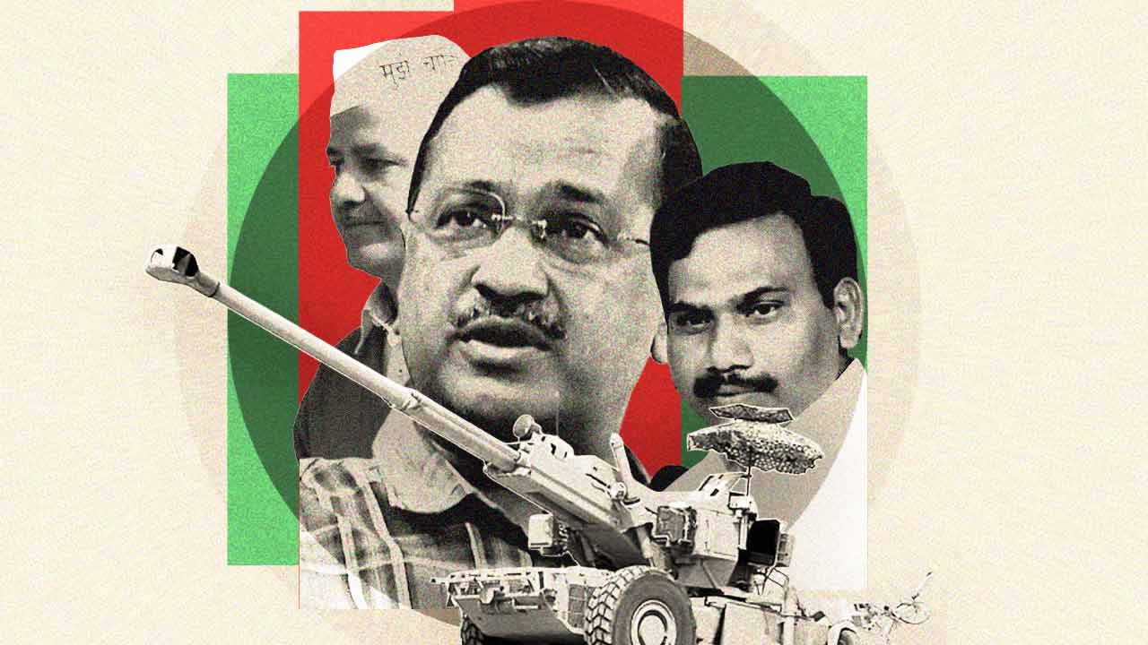 (বাঁদিক থেকে) মণীশ সিসৌদিয়া, অরবিন্দ কেজরীওয়াল, আন্দিমুথু রাজা।