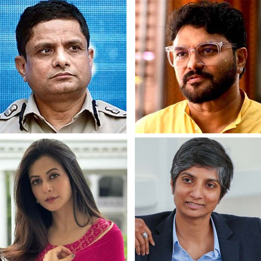 (বাঁ দিকের উপরে) রাজীব কুমার, বাবুল সুপ্রিয় (ডান দিকের উপরে)। (বাঁ দিকের নীচে) কোয়েল মল্লিক এবং মেনকা গুরুস্বামী (ডান দিকের নীচে)।
