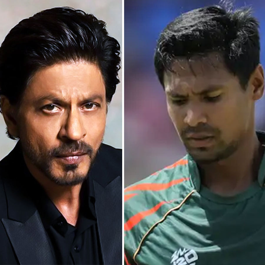 (বাঁ দিকে) শাহরুখ খান এবং মুস্তাফিজুর রহমান (ডান দিকে)।