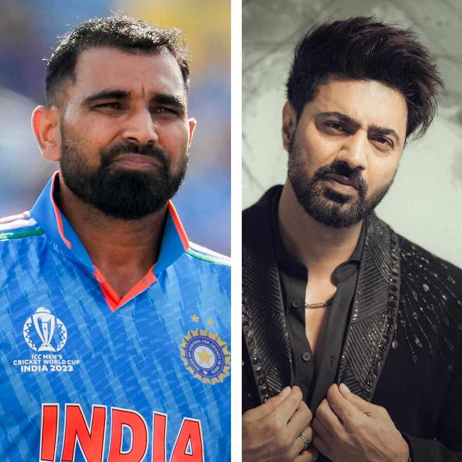 (বাঁ দিকে) ক্রিকেটার মহম্মদ শামি। সাংসদ অভিনেতা দেব (ডান দিকে)।