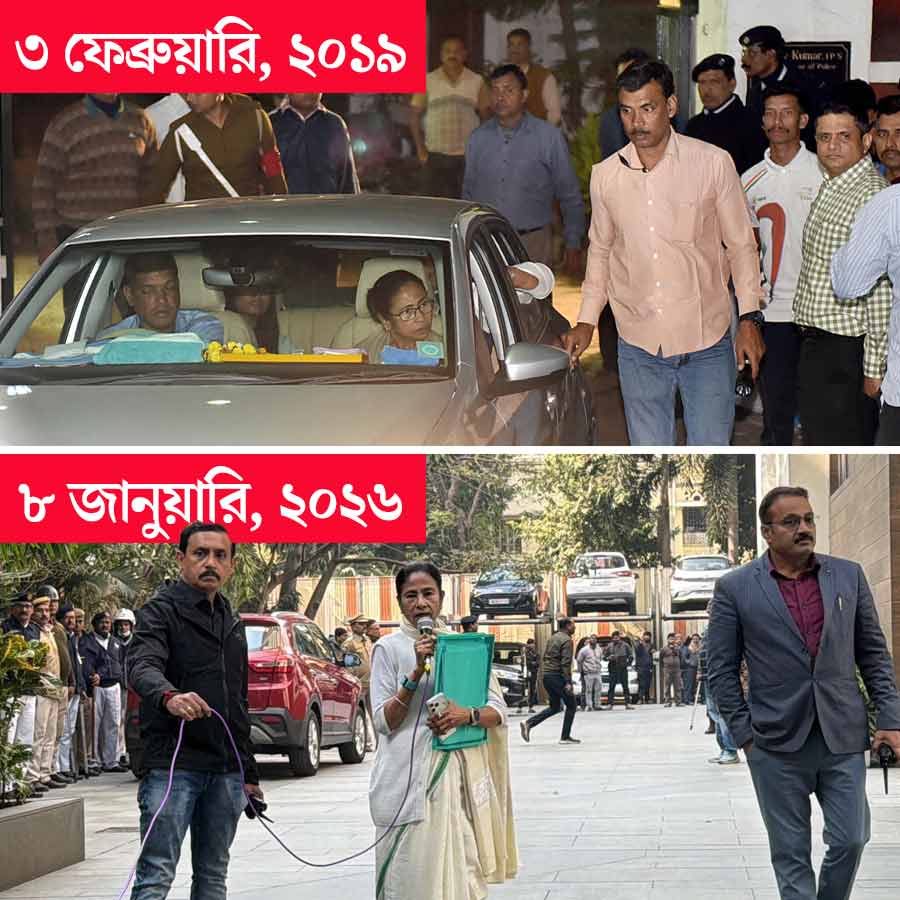 (উপরে) সাত বছর আগের লাউডন স্ট্রিটে মমতা বন্দ্যোপাধ্যায়। বৃহস্পতিবার আইপ্যাক কর্ণধার প্রতীক জৈনের বাড়িতে মমতা বন্দ্যোপাধ্যায় (নীচে)।