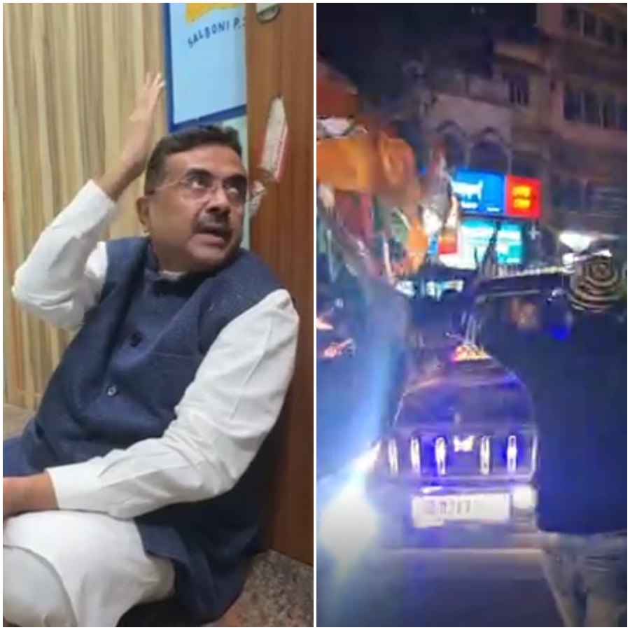 (বাঁ দিকে) অবস্থানে বসেছেন শুভেন্দু অধিকারী। হামলার সেই দৃশ্য (ডান দিকে)