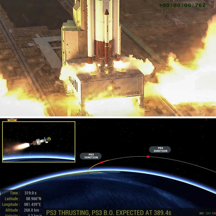 (উপরে) অন্ধ্রপ্রদেশের শ্রীহরিকোটা থেকে পিএসএলভি-সি৬২ রকেট উৎক্ষপণের মুহূর্ত। অভিযানের তৃতীয় ধাপে ভেহিকেলের গতিপথ (নীচে)।