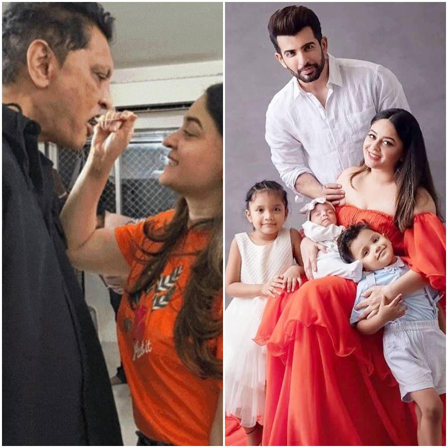 (বাঁ দিকে) নাদিম নাদজ়ের সঙ্গে মাহী ভিজ, সপরিবার মাহী ভিজ (ডান দিকে)।