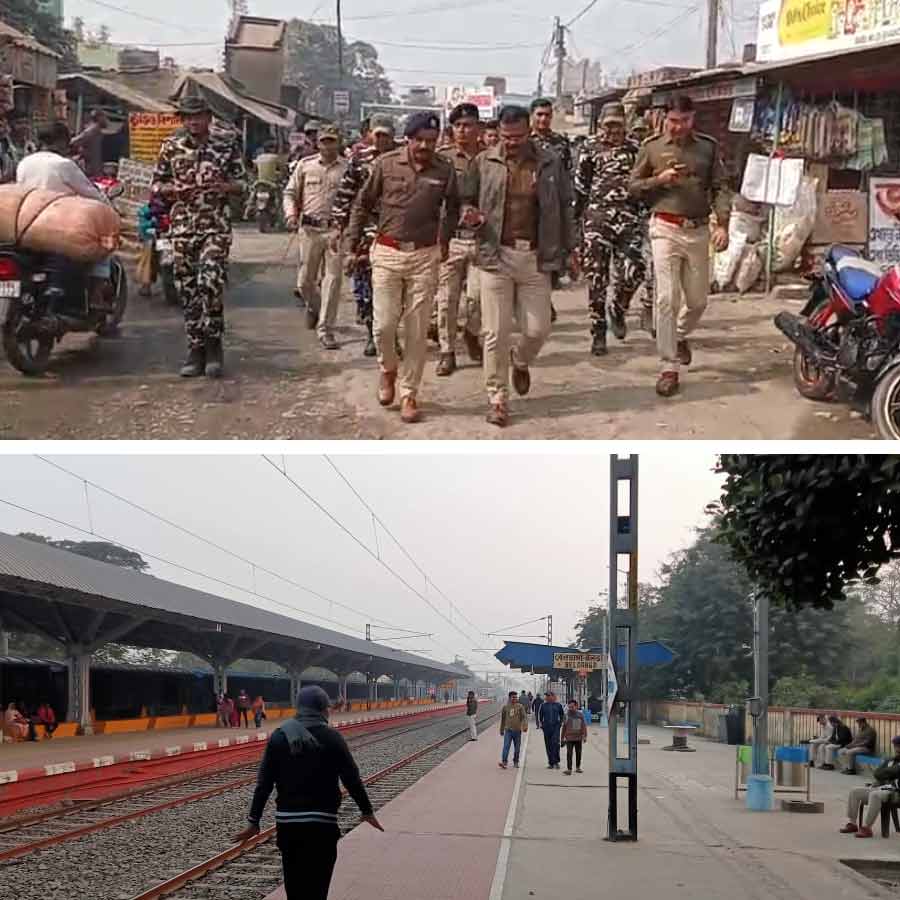 (উপরে) পুলিশের রুট মার্চ। (নীচে) রবিবার বিকেলের বেলডাঙা স্টেশন।