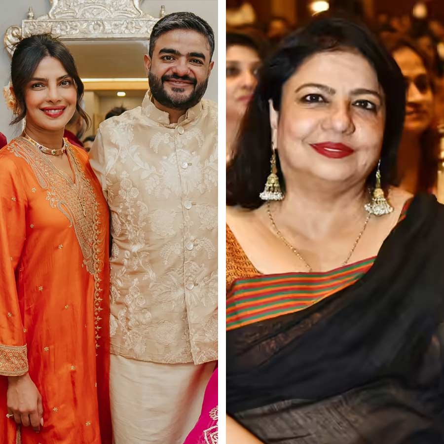 (বাঁ দিকে) প্রিয়ঙ্কা চোপড়া ও সিদ্ধার্থ চোপড়া, (ডান দিকে) মধু চোপড়া।