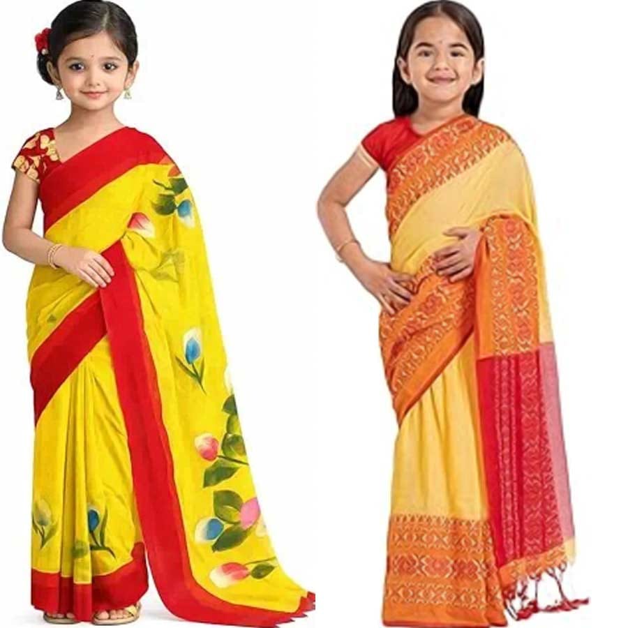 দোকানে, অনলাইন সংস্থায় এমন হাতে আঁকা, প্রিন্ডেড এবং তাঁতের শাড়িও পেয়ে যাবেন খুদের জন্য।