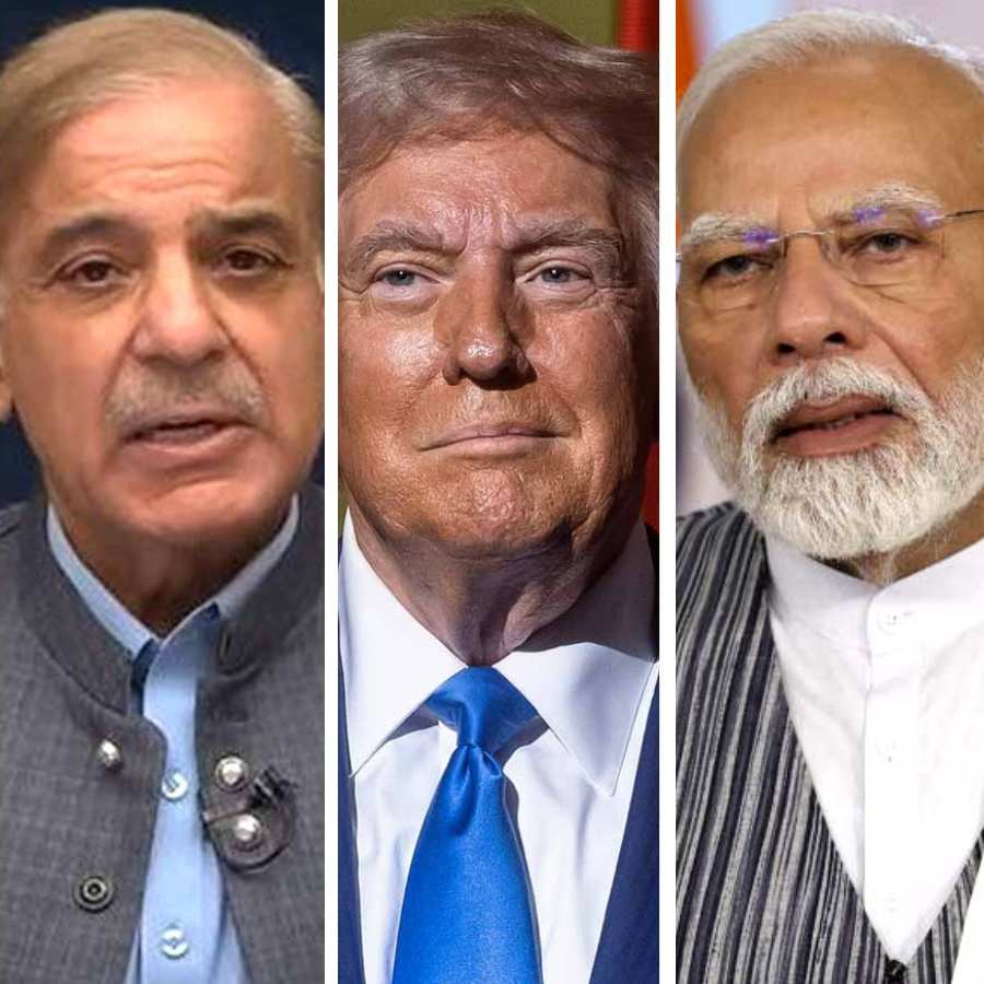 (বাঁ দিক থেকে) পাকিস্তানের প্রধানমন্ত্রী শাহবাজ় শরিফ, মার্কিন প্রেসিডেন্ট ডোনাল্ড ট্রাম্প এবং ভারতের প্রধানমন্ত্রী নরেন্দ্র মোদী।