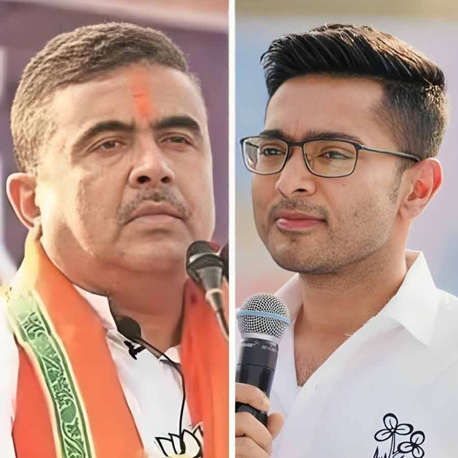 (বাঁ দিকে) শুভেন্দু অধিকারী। অভিষেক বন্দ্যোপাধ্যায় (ডান দিকে)।