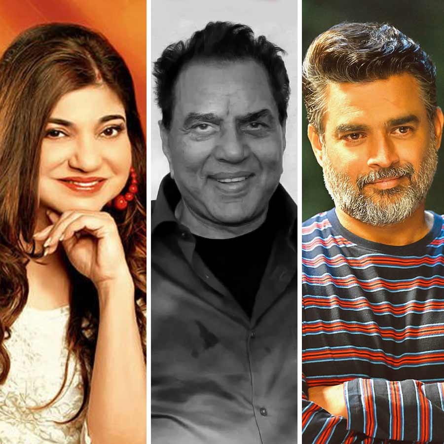 (বাঁ দিক থেকে) অলকা যাজ্ঞিক, ধর্মেন্দ্র, আর মাধবন।