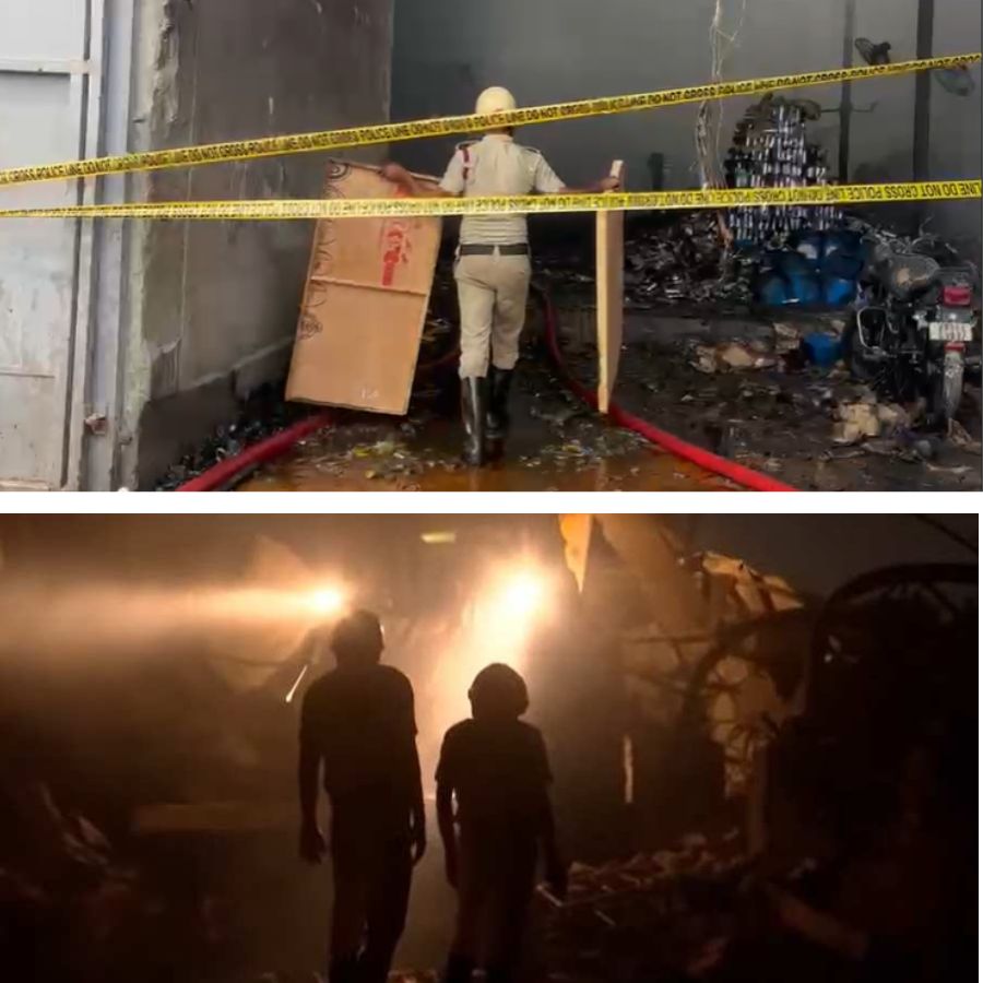 (উপরে) সকালে দগ্ধ গোডাউনের ভিতরে উদ্ধারকারী। (নীচে) রাতেও আগুন নিয়ন্ত্রণে আসেনি।