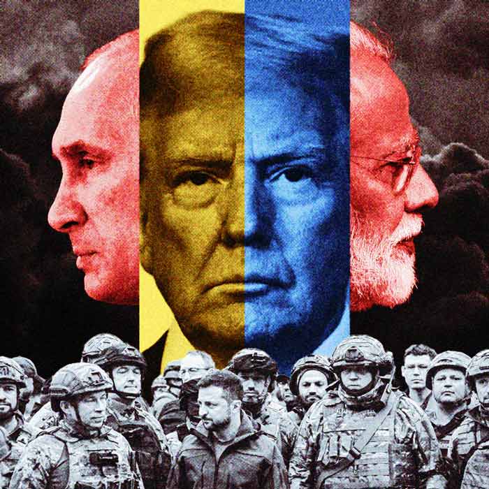 (বাঁ দিক থেকে) রুশ প্রেসিডেন্ট ভ্লাদিমির পুতিন, আমেরিকার প্রেসিডেন্ট ডোনাল্ড ট্রাম্প এবং ভারতের প্রধানমন্ত্রী নরেন্দ্র মোদী।