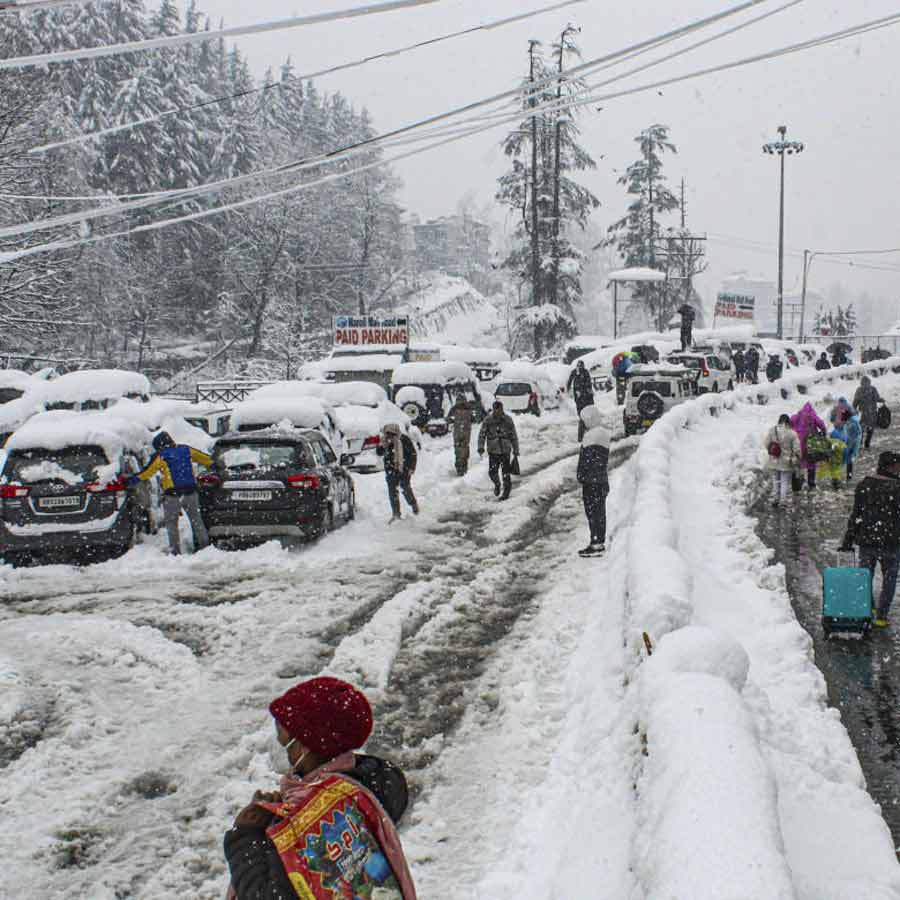 তুষাপাতের কারণে রাস্তা বন্ধ। যান চলাচল থমকে। কুল্লুতে। ছবি: পিটিআই।