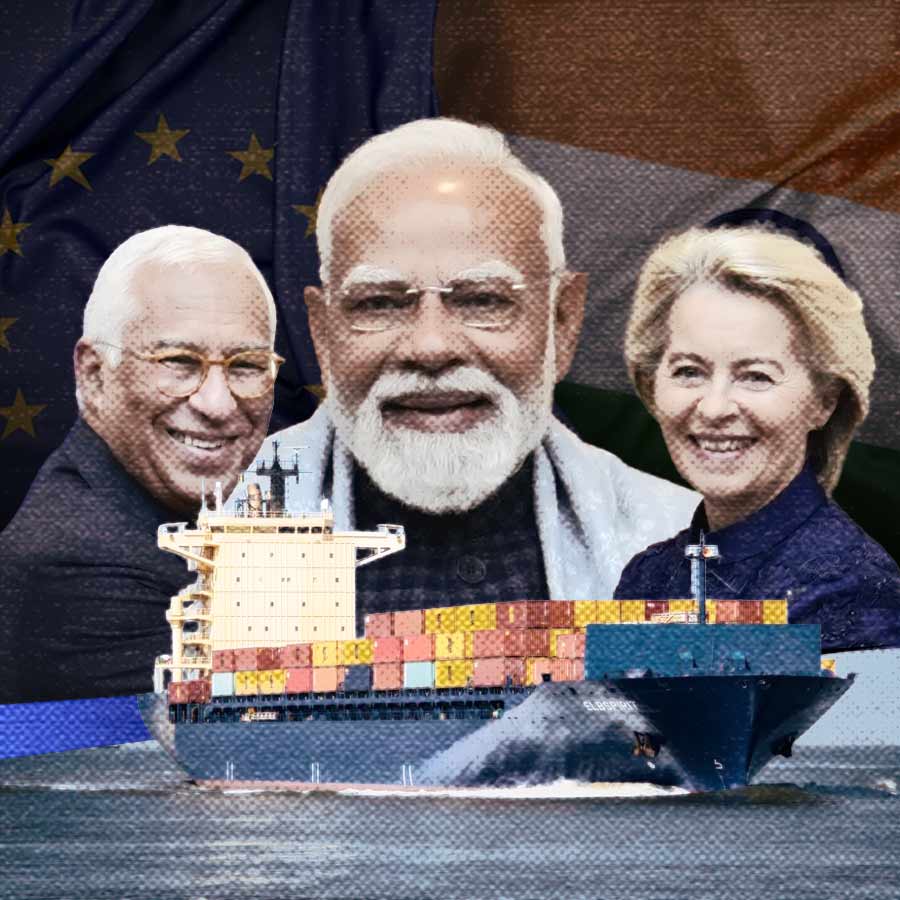 (বাঁ দিক থেকে) ইউরোপীয় কাউন্সিলের প্রেসিডেন্ট অ্যান্টোনিও কোস্টা, প্রধানমন্ত্রী নরেন্দ্র মোদী এবং ইউরোপীয় কমিশনের প্রেসিডেন্ট উরসুলা ভন ডার লিয়েন।