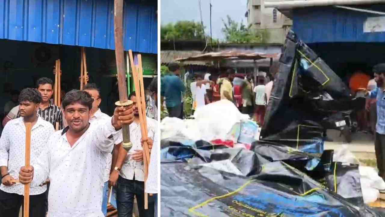 উদ্ধার অস্ত্র থেকে ত্রাণের ত্রিপল!— নিজস্ব চিত্র।