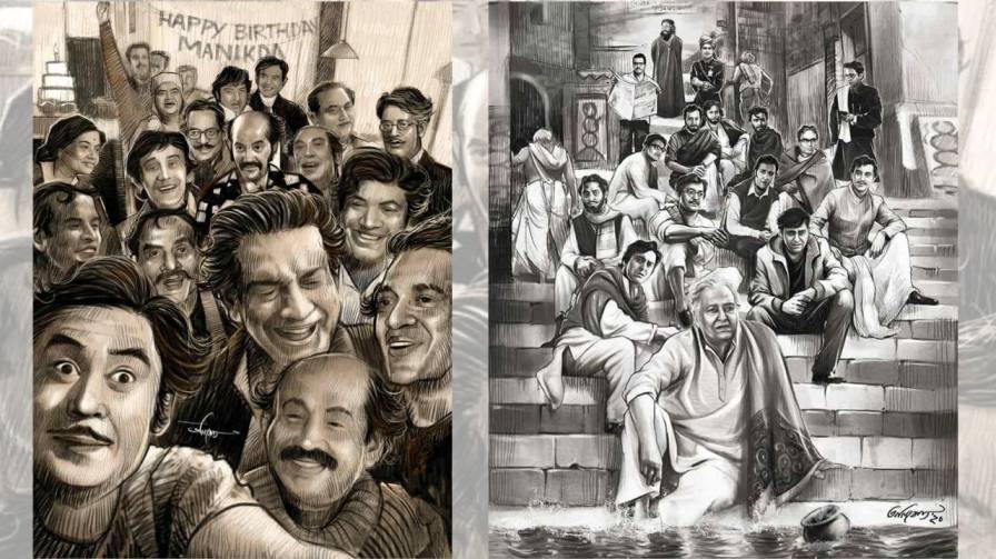 শিল্পীর কল্পনায় সত্যজিৎ রায়ের জন্মদিন উদ্‌যাপন (বাঁ দিকে) ও সৌমিত্র চট্টোপাধ্যায়ের প্রয়াণের পরে তাঁর অভিনীত চরিত্রেরা (ডান দিকে)।