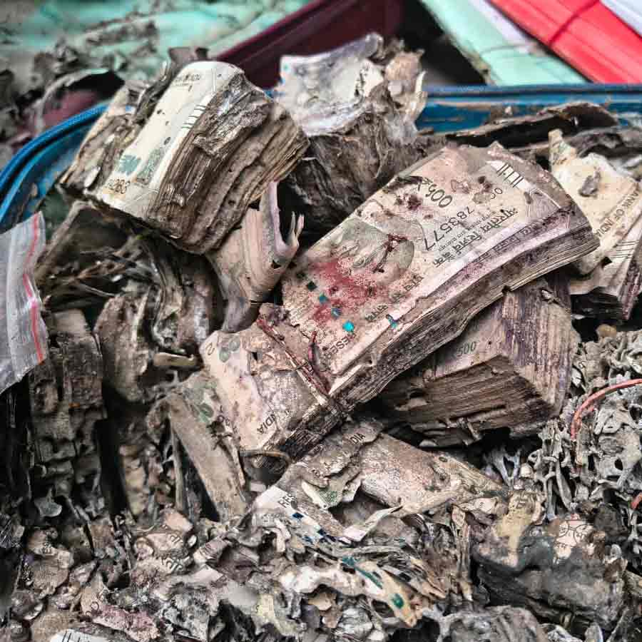 মঙ্গলবার কলেজের ইউনিয়ন রুম থেকে উদ্ধার হওয়া টাকা। নিজস্ব চিত্র।