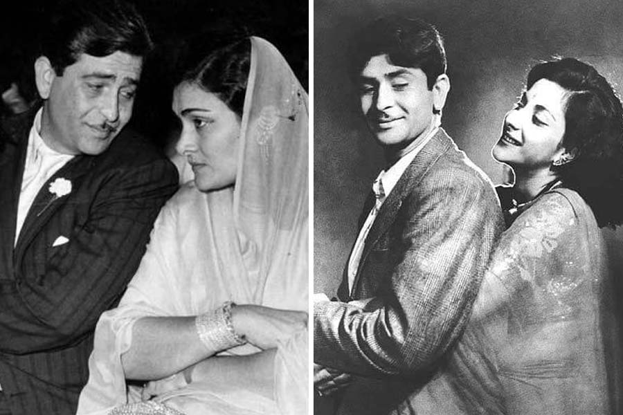 রাজ কপূর-কৃষ্ণা কপূর-নার্গিস: কৃষ্ণা কপূরের সঙ্গে দাম্পত্যে থাকাকালীন নার্গিসের সঙ্গে প্রেম রাজ কপূরের। পর্দায় তাঁদের রসায়ন মুগ্ধ করেছিল দর্শককে। কিন্তু বাস্তবেও ঝড় তুলেছিল এই সম্পর্ক। এমন পর্যায় পৌঁছোয় যে, কৃষ্ণা ছেলেমেয়েদের নিয়ে বাড়ি ছেড়ে হোটেলে থাকতে শুরু করেন। তখন রাজ নাকি প্রতিশ্রুতি দিয়েছিলেন, স্ত্রী হিসাবে থাকবেন কৃষ্ণাই। নার্গিসকে জানিয়েছিলেন, তিনি তাঁকে সামাজিক স্বীকৃতি দিতে পারবেন না। অবশেষে নার্গিসের সঙ্গে সম্পর্কটি ভেঙে যায়। 