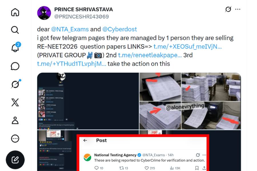 এক্স হ্যান্ডলে সেই পোস্ট এবং এনটিএ-র জবাব। 