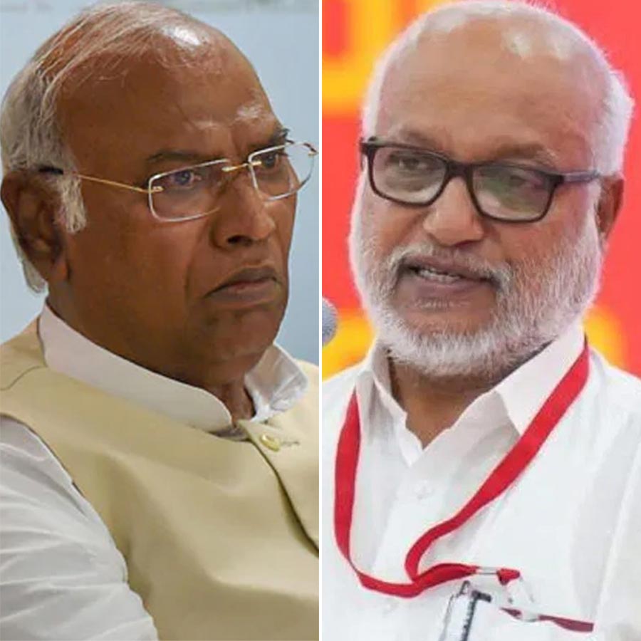 (বাঁ দিকে) কংগ্রেস সভাপতি মল্লিকার্জুন খড়্গে এবং সিপিএম সাধারণ সম্পাদক এমএ বেবি (ডান দিকে)।